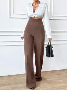 EURMUSE Quần ống rộng cạp cao màu trơn cỡ nhỏ dành cho nữ, dáng dài - màu nâu - Xem 5