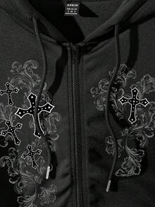 Attitoon 休闲复古朋克 Y2K 百搭派对机场风，舒适十字印花图案，黑色宽松连帽长袖开襟卫衣，女款，适合秋冬季穿着。 - 黑色 - 查看 5