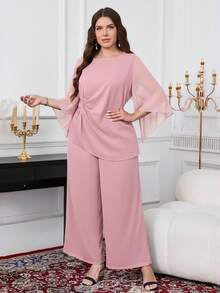 SHEIN Clasi Plus Size Solid Color Business Casual Top And Pants 2 Pieces Set Plus Size Co Ords Modest Two Piece Set - Pink - View 2