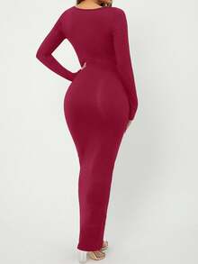 SHEIN PETITE CURVE 小码加大码纯色圆领紧身连衣裙 - 紅色 - 查看 2