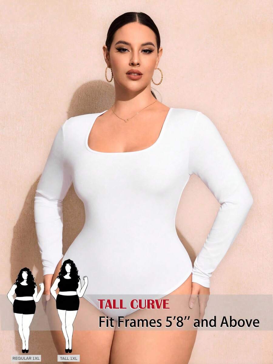 SHEIN Tall CURVE 大码纯色圆领长袖休闲紧身衣 - 白色 - 查看 1