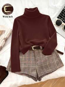 Franclia Retro-Chic Versatile Plaid Wool Suit With Belt, Perfect For Autumn And Winter, Paired With Shorts, Casual Shorts, Autumn And Winter Shorts, Turtleneck Knit Long-Sleeved Base Layer, Winter Outfit, Comfortable Women's Autumn And Winter Clothing, Autumn And Winter Women's Two-Piece Suit, Winter Outfit, Retro Plaid With Turtleneck Long-Sleeved Base Layer, New Year's Clothing Set, Brown Top, Winter Plaid Shorts.