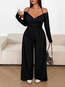 Sunnyshic Bộ đồ liền thân ống rộng xếp nếp hở vai màu trơn Frilya cỡ lớn dành cho nữ - màu đen - Xem 1