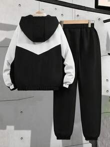 Vacaura 2pcs/Set Tween Boys' Fashion Colorblock Hooded Cardigan Jacket And Drawstring Pants Casual Outdoor Set, Autumn/Winter