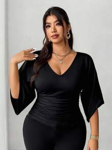 Elenzga 大码束腰休闲法式百搭T恤 - 黑色 - 查看 5