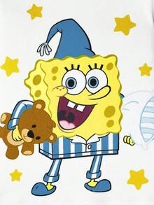 SpongeBob SquarePants | SHEIN Bộ đồ ngủ dài tay cổ tròn họa tiết hoạt hình kèm quần dài dệt kim thoải mái co giãn thường ngày cho bé trai - trắng - Xem 5