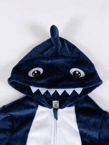 Genkimix Kids 2pcs Young BoyBlue & White Reversible Fleece Monster Claw Hooded Jumpsuit With Gloves Pajama Set Shark Sleepsuit Toddler Pajamas Boy Pajamas Night Clothes For Kids Kids Kigurumi