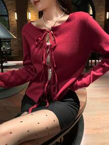 DAZY Cárdigan de mujer con cuello redondo y diseño de lazo delantero, suéter casual para otoño/invierno, Año Nuevo y Navidad - Burdeos - Ver 3