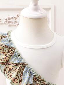 2 Stücke/Set Baby Mädchen Sommer Neu Rundhals Ärmellos Weste Top mit Blumen Rüschen Saum & Plissee Dekoration, kombiniert mit vintage Blume Muster A-Linien Rock, elegantes Outfit - Verschiedenfarbig - Übersicht 5
