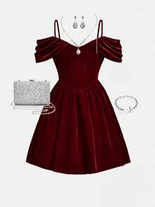 SHEIN Tween Girl Red Elegant Velvet Cold Shoulder Sleeveless Ruched Waist Flowy Dress - Burgundy - View 2