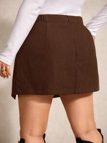 Elaquor Rok Pendek Wanita Ukuran Besar dengan Dekorasi Bunga Logam, Pinggang Elastis, dan Belahan Samping di Bagian Bawah - Coffee Brown - View 2
