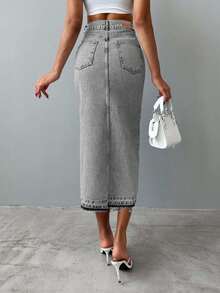 EURMUSE Minissaia jeans feminina casual lavada com fenda alta - Cinza - Ver 2