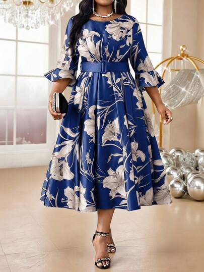 Fleurora New Spring And Summer Autumn And Winter Elegant Party Wedding Cocktail Party Christmas Royal Blue Belted Bell Sleeve A Line Dress Plus Size Co-Ords  Winter Dress Christmas Party New Year Clothes Elegant Dresses For Women Thanksgiving Stylish Clothing Collection Blue Floral Dress Royal Blue Elegant Dress Women Midi Dress With Sleeves Blue Midi Dress French Style Dress Summer Dress