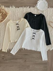 SHEIN 3pcs/Set Girls Soft Ribbed Long Sleeve Cropped Top,White,Apricot,Black Bow Decor Wavy Hem Cute Tops For Winter School Back-To-School Tween Clothes - Multicolor - View 1