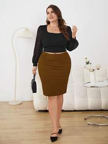 SHEIN Tall CURVE 大码女式休闲修身纯色半身裙 - 棕色 - 查看 4