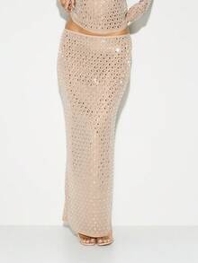 KIZN Nude Beige Hotfix Diamante Embellished Maxi Bodycon Skirt High Rise Evening Party Wear - Pink - View 1