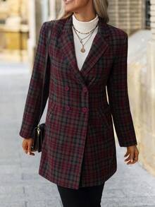 SHEIN Clasi Damski, kratkowany, dwurzędowy, elegancki płaszcz z klapami i długim rękawem, jesień/zima, impreza, Nowy Rok, Boże Narodzenie - Wielokolorowe - Zobacz 1