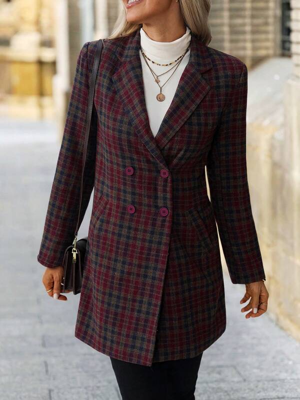 SHEIN Clasi Women's Plaid Lapel Neck Long Sleeve Double-Breasted Elegant Overcoat, Autumn/Winter Fall Winter Party New Year Christmas