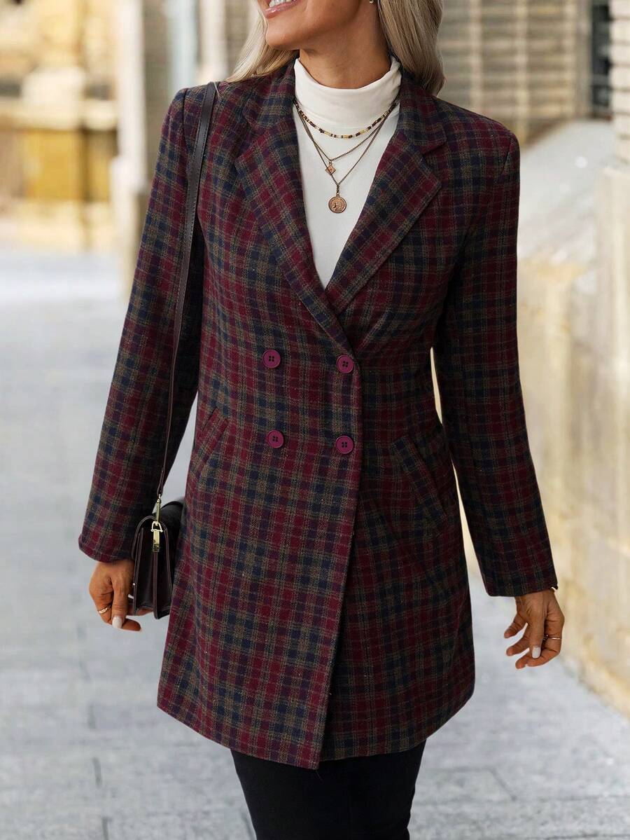 SHEIN Clasi Damski, kratkowany, dwurzędowy, elegancki płaszcz z klapami i długim rękawem, jesień/zima, impreza, Nowy Rok, Boże Narodzenie - Wielokolorowe - Zobacz 1