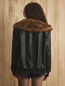 Revavyn Revavyn Women's Black PU Leather Jacket,Winter Chic Night Out Woven Pattern Detachable Fur Collar Jacket,Daily Commuting Fall Clothes,Halloween Costume - Black - View 8