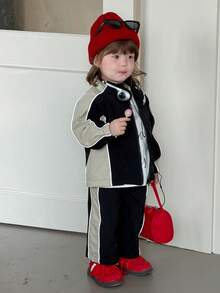 DAZY 2pcs Baby Girls Casual Color Block Patchwork Korean Style Jacket And Long Pants Set Toddler Girls Clothes - Black and White - View 5