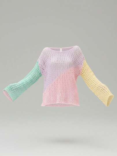 Skyraze Suéter holgado de punto con mangas acampanadas y contraste de color, suéter de primavera, hecho a mano a ganchillo, con patrón geométrico