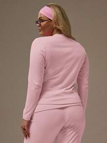 MUSERA Plus Fitted Long Sleeve Popper Through Top  Autum   Curve - Pink - View 4