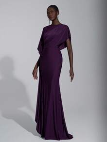 Elitara Elegant Luxurious Navy Blue Satin Ruffle Sleeve Sexy Slit Fishtail Bridesmaid Dress - Purple - View 5