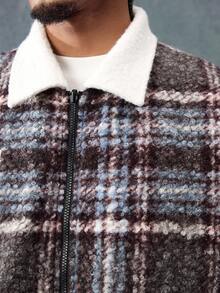 ROMWE MEN Casual 男士秋冬字母格纹印花双面拉链休闲长袖外套 - 藏蓝色 - 查看 2