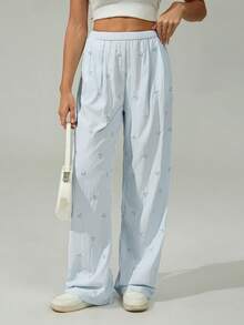 SHEIN Tall New Navy Blue Bow Embroidered Woven Trousers Back To School Outfits Women Y2k - Blue - View 8