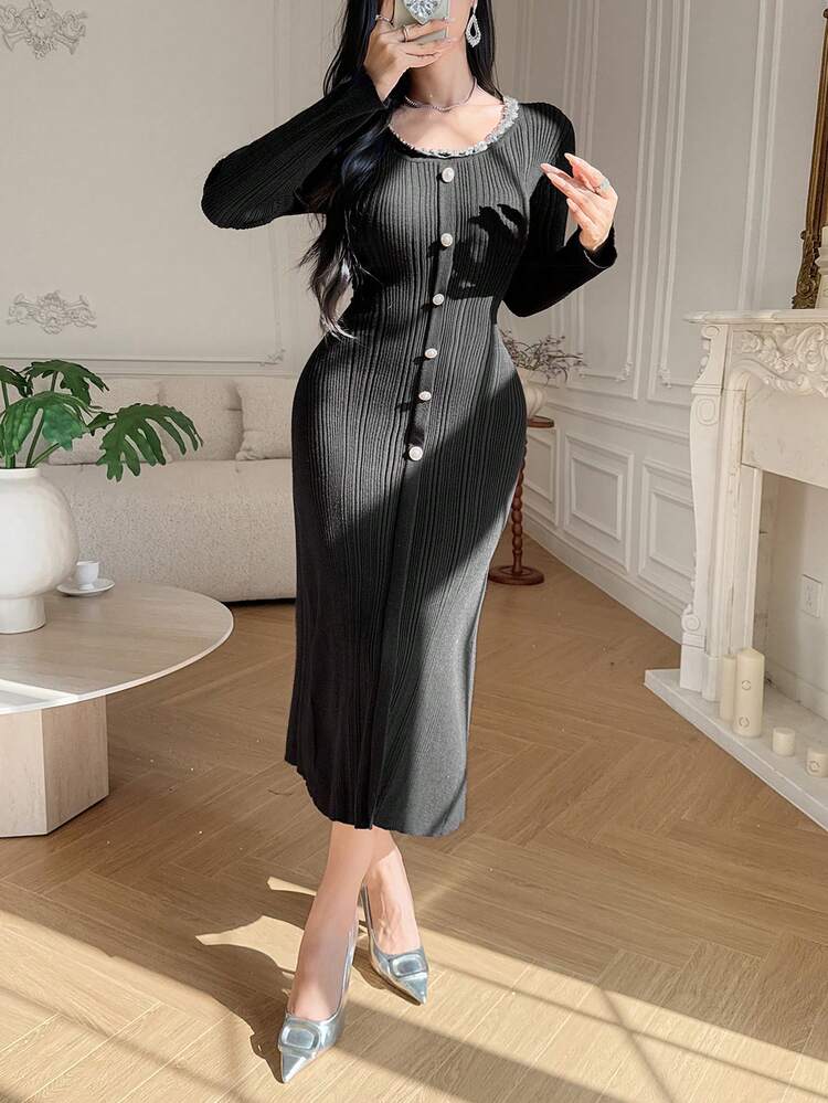 Women's Vintage Luxury Rhinestone Embellished Fitted Long Sweater Dress, Elegant For Autumn/Winter