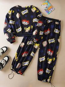 Nick 90s | SHEIN Bộ 2 món áo thun dài tay cổ tròn họa tiết hoạt hình thường ngày cỡ lớn kèm quần dài, mùa thu - màu đen - Xem 2