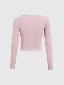 ROMWE Maglietta a maniche lunghe con arricciatura sul busto, stile casual e minimalista, adatta per l'autunno - Rosa Baby - Visualizzare 2