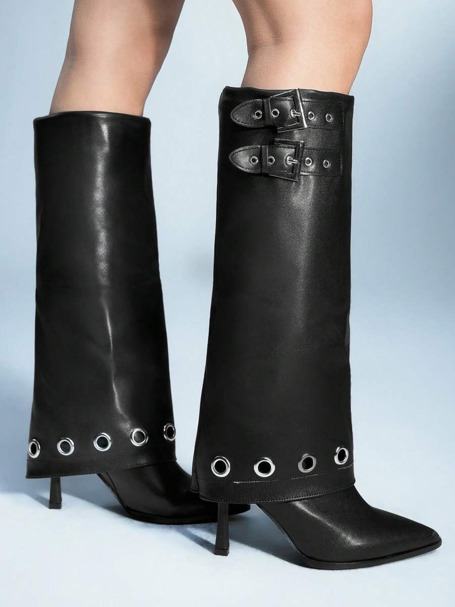 Sugerpunk Sepatu Bot Setinggi Lutut Stiletto Ujung Lancip dengan Hiasan Sabuk Kulit Gesper Ganda untuk Wanita, Cocok untuk Natal. - Hitam - View 1