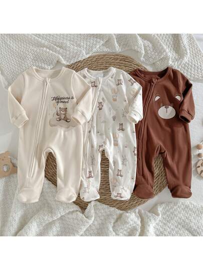 Loomiva 新生儿男/女宝宝三件套：卡通熊图案针织柔软圆领长袖连体衣和裤子