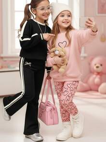 SHEIN 黑色，复古学院风，迷你甜美蝴蝶结图案，少女休闲简约舒适厚实柔软圆领卫衣和喇叭长裤两件套，适合秋冬日常穿着、街头风格、居家、学校 - 彩色 - 查看 4