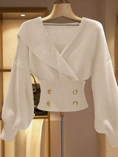 Franclia Women's Autumn/Winter Crossed Collar Formal Fashion Drop Shoulder Long Sleeve Solid Color Faux Placket Metal Button Knit Pullover Sweater Puff Sleeve Women Sweaters