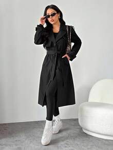 SHEIN PETITE معطف ترنش نسائي بلون موحد منسوج طويل برباط أمامي وأزرار، خريف/شتاء (1 قطعة) - الأسود - مشاهدة 4