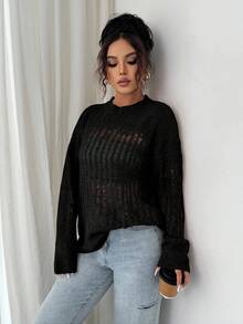 Rafferiza Suéter transparente y ligero con calado para mujer - Negro - Ver 3