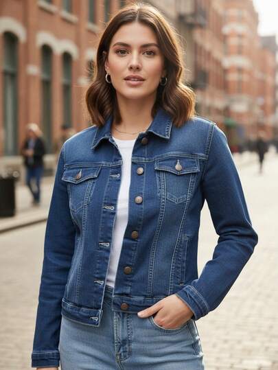 Chamarra mezclilla dama corte cuello camisero manga larga primavera otoño uso diario