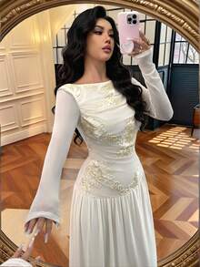SHEIN Elenzya Váy trễ vai thanh lịch dành cho nữ với họa tiết thêu hoa sang trọng và lưới, thích hợp mặc hàng ngày, đám cưới, dạ hội, đi làm, tiệc tốt nghiệp, ngày lễ, hẹn hò, tiệc tùng, Halloween, Giáng sinh, năm mới, lễ Tạ ơn - Màu be - Xem 1