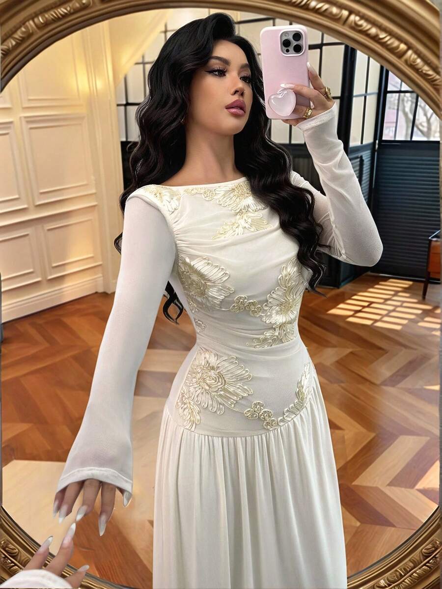 SHEIN Elenzya Váy trễ vai thanh lịch dành cho nữ với họa tiết thêu hoa sang trọng và lưới, thích hợp mặc hàng ngày, đám cưới, dạ hội, đi làm, tiệc tốt nghiệp, ngày lễ, hẹn hò, tiệc tùng, Halloween, Giáng sinh, năm mới, lễ Tạ ơn - Màu be - Xem 1