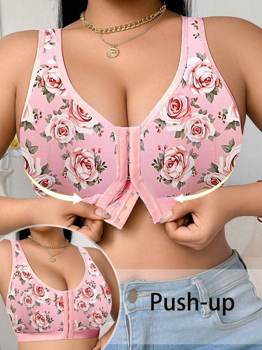 DesireSculpt 1 pieza Sujetador inalámbrico con cierre frontal y estampado floral para mujer de talla grande - Rosa - Ver 1