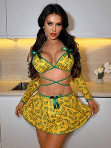 Fantasy Costume 5件套水果元素派对服装，包括露脐上衣、丁字裤、迷你裙、2副手套 - 黃色 - 查看 4