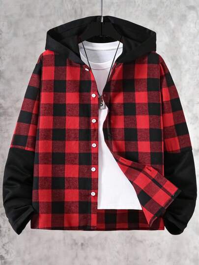 SHEIN Tween Boy Plaid Patchwork Long Sleeve Single-Breasted Casual Hooded Shirt