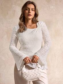Elegantrix Blusa in maglia con scollo asimmetrico e orlo arricciato, taglie comode per donne - Beige - Visualizzare 4