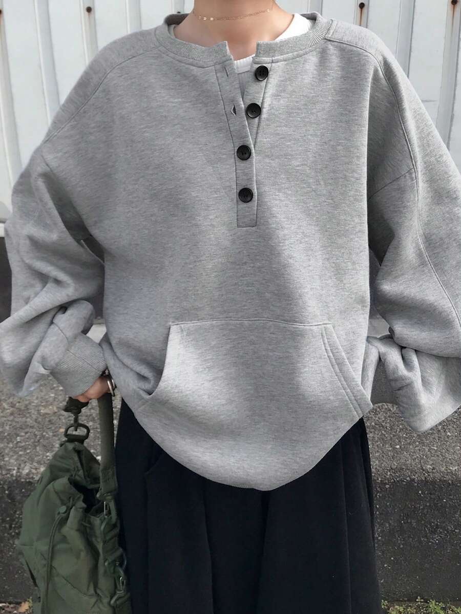 FRIFUL Women's Grey Casual Oversized Sweatshirt,Autumn Round Neck Half-Zip Button Decor Drop Shoulder Thermal Lined Loose Kangaroo Pocket Versatile Occasion - Grey - View 1