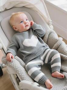 Baby Girls' Cute Heart Pattern Crew Neck Sweater And Striped Knit Pants 2Pcs Set,Autumn Winter Grey Knitted Outfits For Family Matching - Grey - View 8