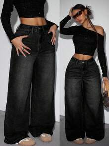 SHEIN ICON 女士宽松直筒蓝色牛仔裤、阔腿女裤、宽松女裤、女士牛仔裤 - 黑色 - 查看 1