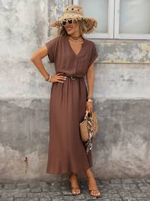 Brillora Spring/Summer Holiday Dresses, V-Neck, Half-Open Placket, Textured Fabric, Women's Short-Sleeved Loose Dresses, Summer Beach Dresses, Back-To-School Outfits, Very Simple Outfits, Women's Country Style Clothing, Office Wear, Old-Fashioned Style, Teacher's Outfits, Date Outfits, Graduation Season Dresses, Women's Dresses, Casual Spring/Summer Dresses, Brown Dresses. - Brown - View 7